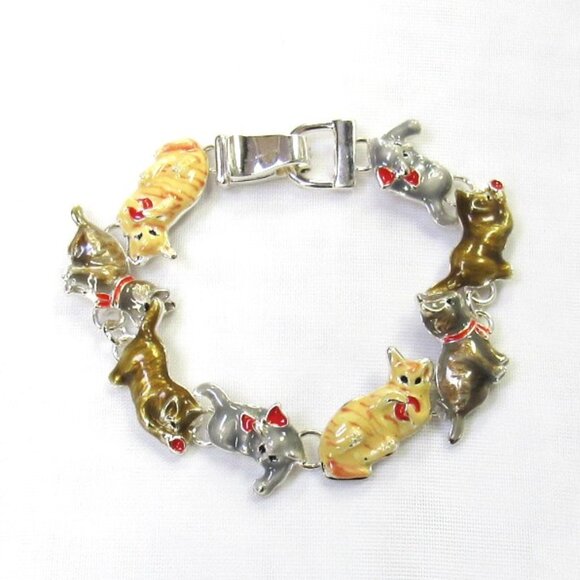 Silver Plated Colorful Kitty Cat Charm Bracelet Magnetic Clasp New - Picture 1 of 4